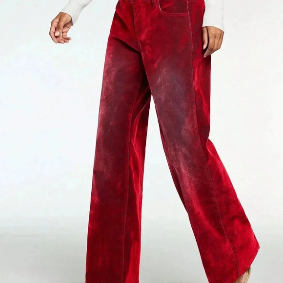 Red Casual Women's Fleeced Thick Loose High Waist Wide Leg Jeans - Picture 5 of 6